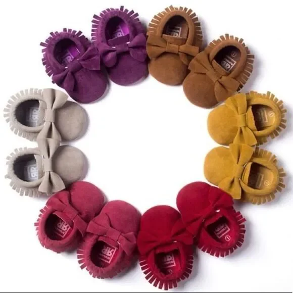 FIRST WALKERS ROMIRUS BABY SLIP-ON MOCCASINS W/ BOW & FRINGE IN PURPLE SUEDE - Picture 2 of 5